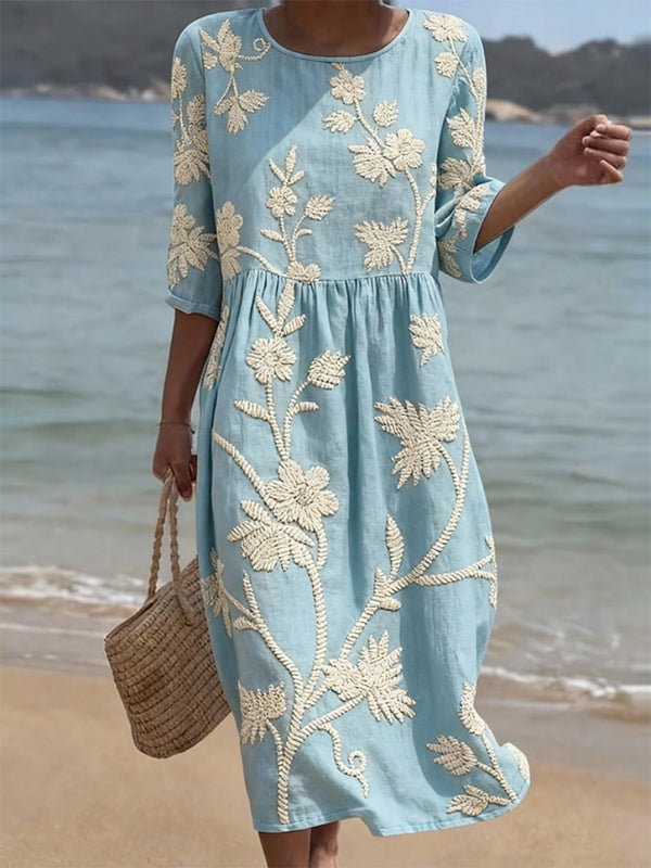 Casual Women's Cotton Linen Round Neck Half Sleeve Print Dress
