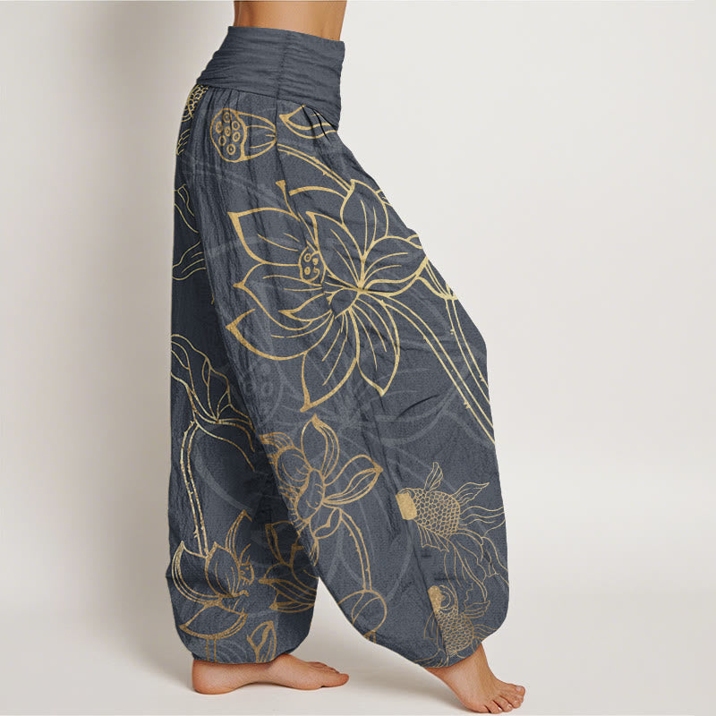 Buddha Stones Pure Cotton Lotus Leaf Koi Fish Women's Elastic Waist Harem Pants