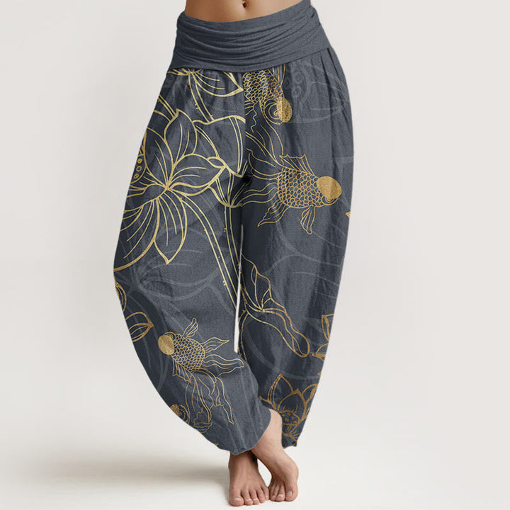 Buddha Stones Pure Cotton Lotus Leaf Koi Fish Women's Elastic Waist Harem Pants