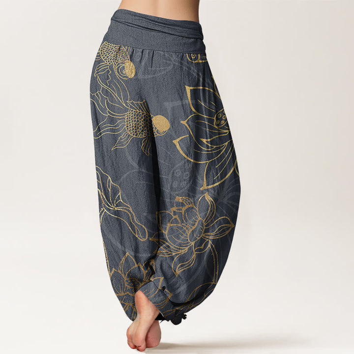 Buddha Stones Pure Cotton Lotus Leaf Koi Fish Women's Elastic Waist Harem Pants