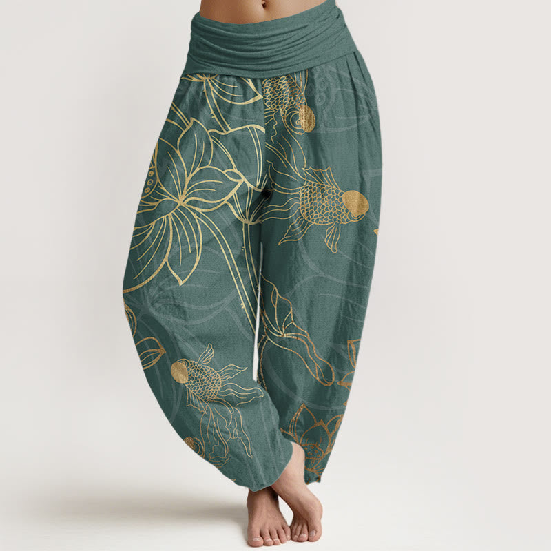 Buddha Stones Pure Cotton Lotus Leaf Koi Fish Women's Elastic Waist Harem Pants