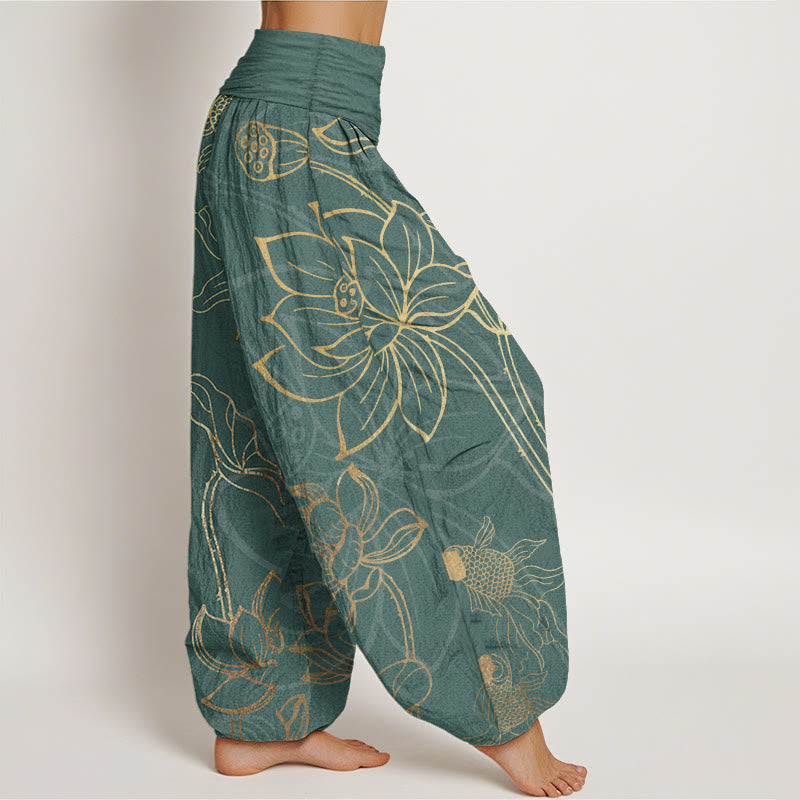 Buddha Stones Pure Cotton Lotus Leaf Koi Fish Women's Elastic Waist Harem Pants