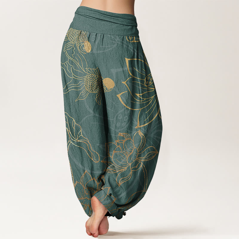 Buddha Stones Pure Cotton Lotus Leaf Koi Fish Women's Elastic Waist Harem Pants