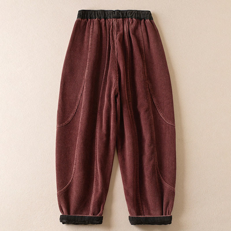 Buddha Stones Color Contrast Corduroy Cotton Women's Thermal Fleece-Lined Harem Pants With Pockets