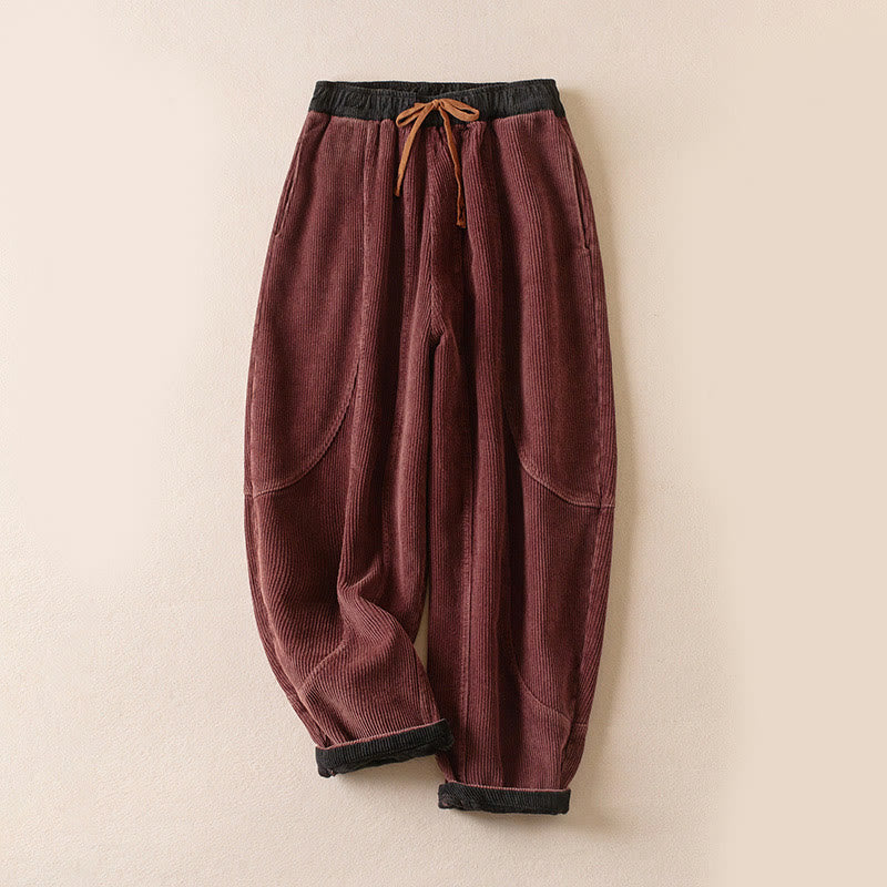 Buddha Stones Color Contrast Corduroy Cotton Women's Thermal Fleece-Lined Harem Pants With Pockets