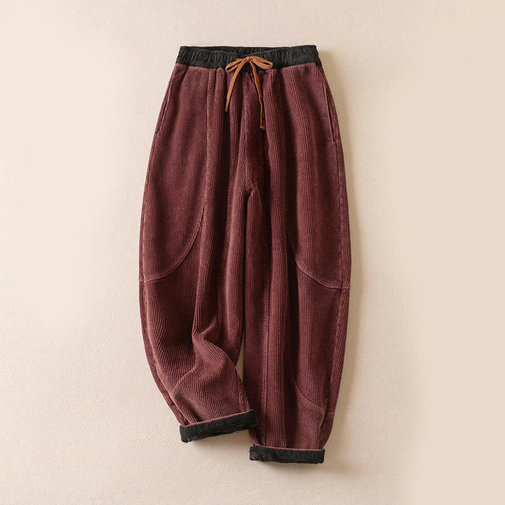 Buddha Stones Color Contrast Corduroy Cotton Women's Thermal Fleece-Lined Harem Pants With Pockets