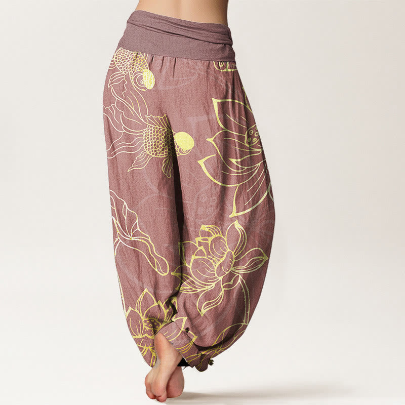 Buddha Stones Pure Cotton Lotus Leaf Koi Fish Women's Elastic Waist Harem Pants
