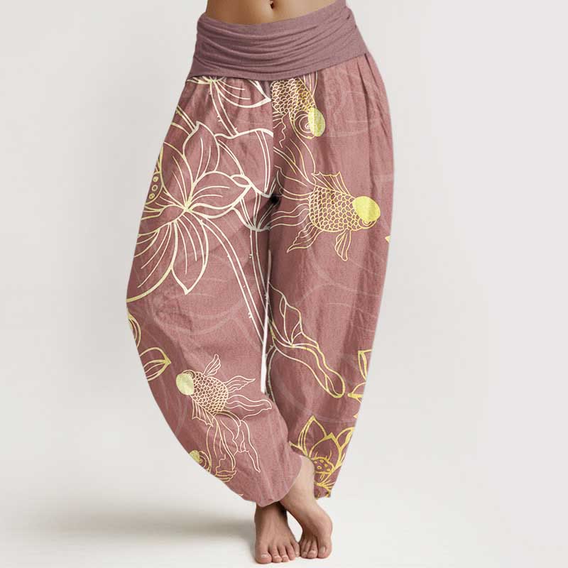 Buddha Stones Pure Cotton Lotus Leaf Koi Fish Women's Elastic Waist Harem Pants