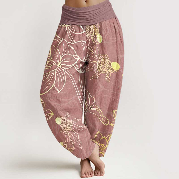 Buddha Stones Pure Cotton Lotus Leaf Koi Fish Women's Elastic Waist Harem Pants