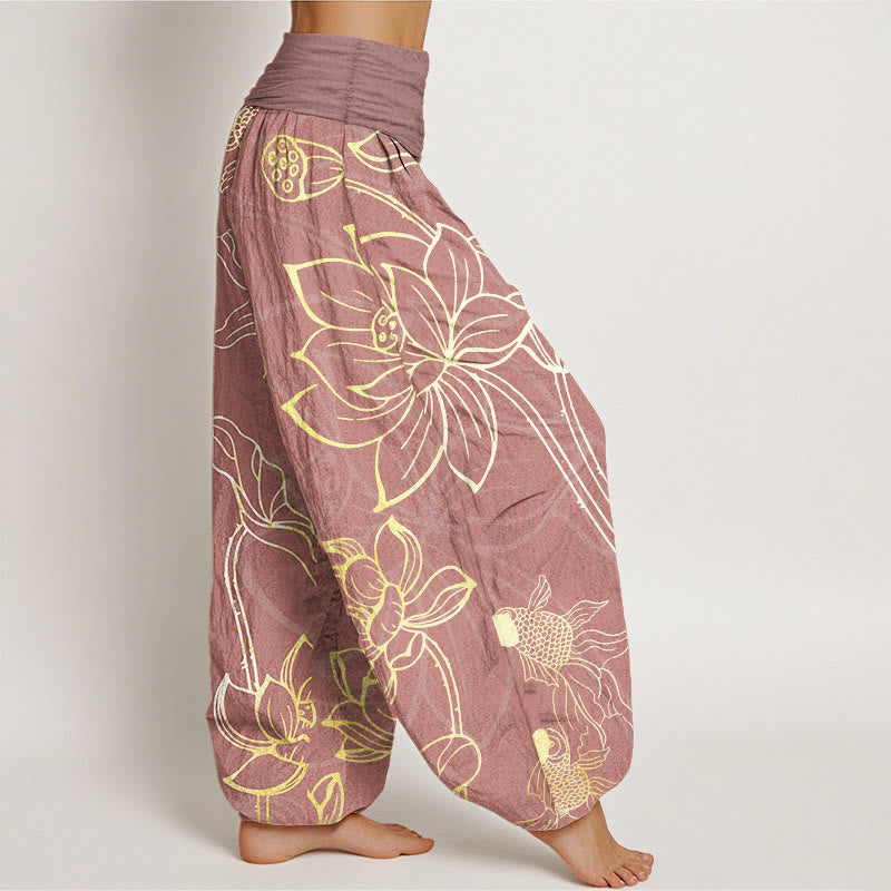 Buddha Stones Pure Cotton Lotus Leaf Koi Fish Women's Elastic Waist Harem Pants