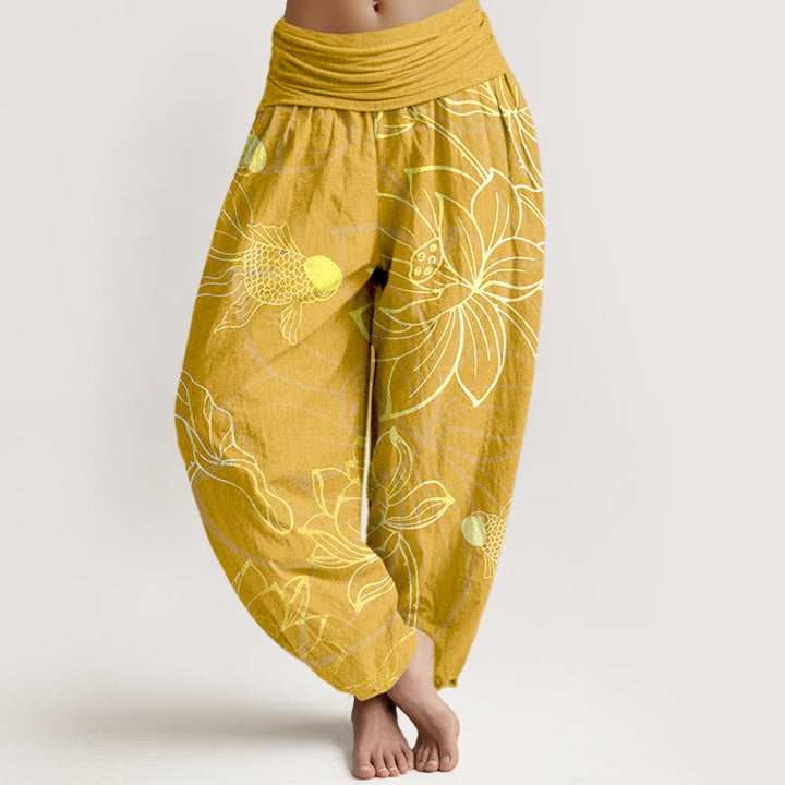 Buddha Stones Pure Cotton Lotus Leaf Koi Fish Women's Elastic Waist Harem Pants