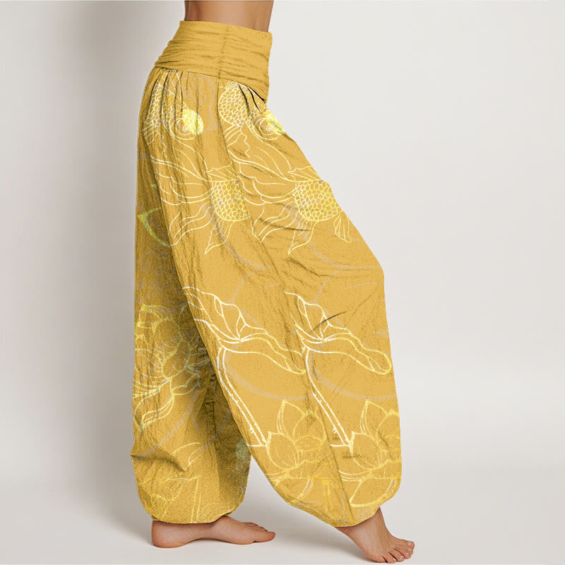 Buddha Stones Pure Cotton Lotus Leaf Koi Fish Women's Elastic Waist Harem Pants