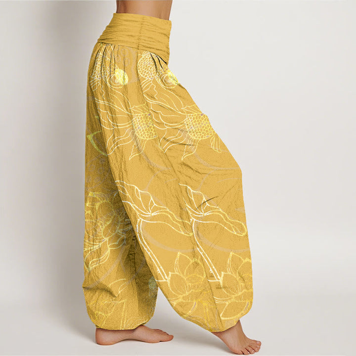 Buddha Stones Pure Cotton Lotus Leaf Koi Fish Women's Elastic Waist Harem Pants