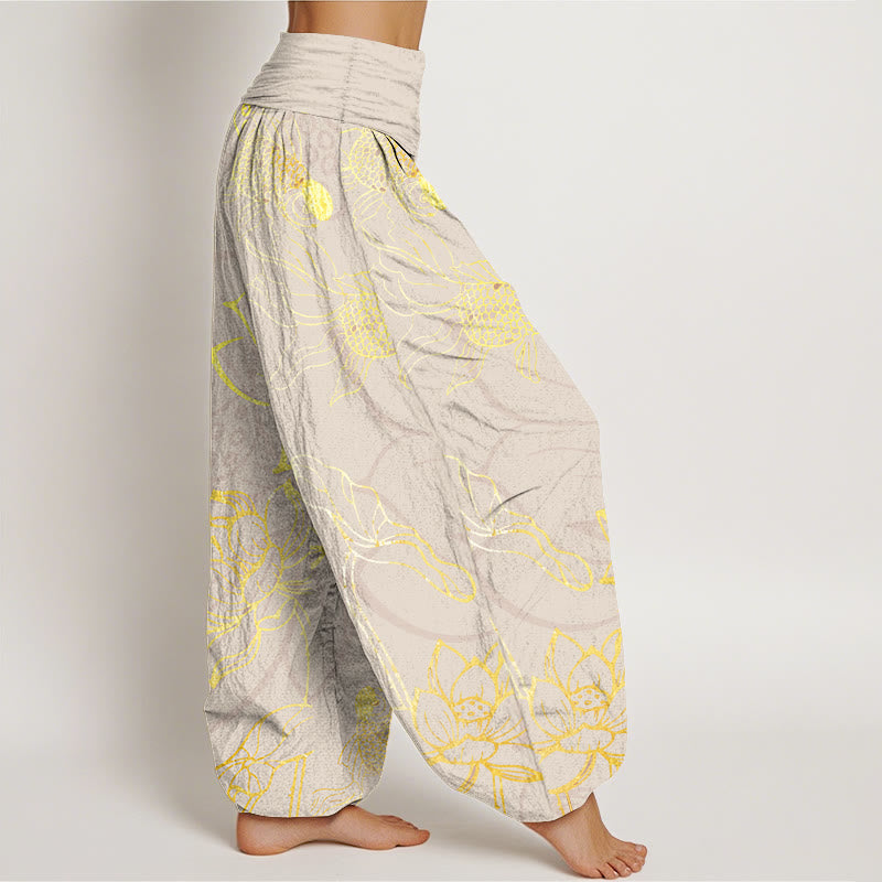 Buddha Stones Pure Cotton Lotus Leaf Koi Fish Women's Elastic Waist Harem Pants