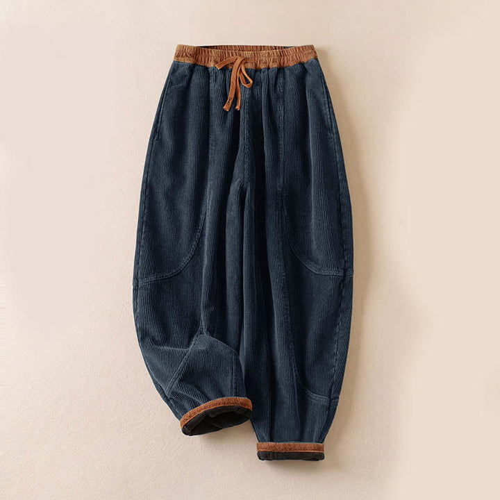 Buddha Stones Color Contrast Corduroy Cotton Women's Thermal Fleece-Lined Harem Pants With Pockets