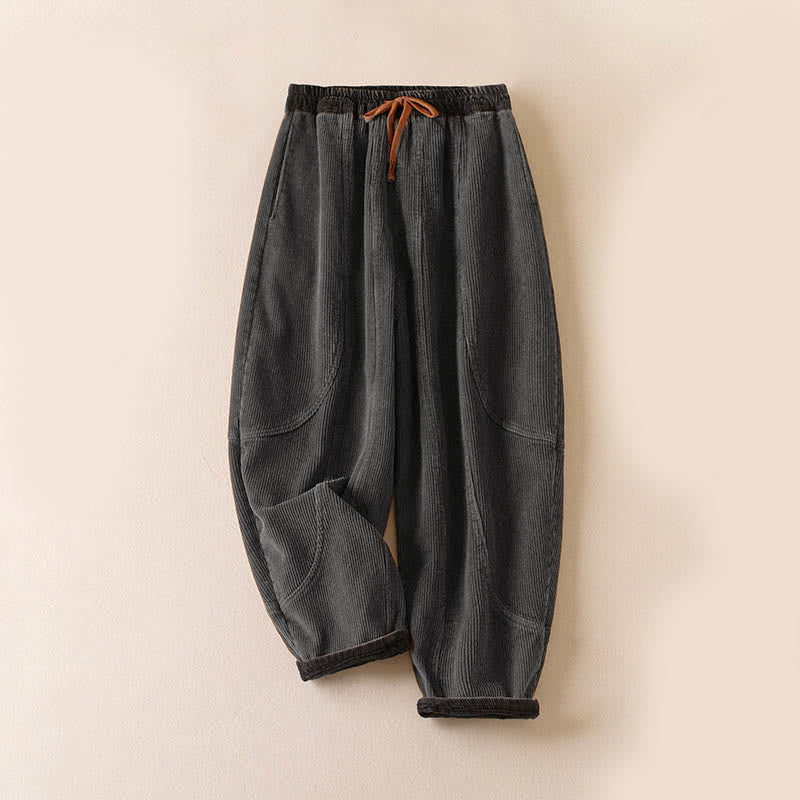 Buddha Stones Color Contrast Corduroy Cotton Women's Thermal Fleece-Lined Harem Pants With Pockets