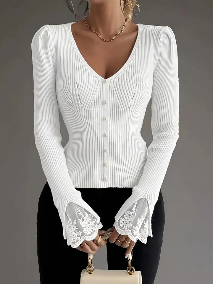 Maglia a Coste con Scollo a V e Maniche in Pizzo