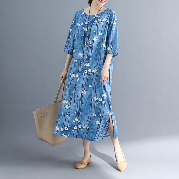 2025 floral long cotton dresses plus size Batwing Sleeve long cotton dresses Elegant o neck cotton dress