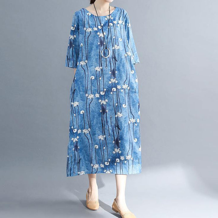 2025 floral long cotton dresses plus size Batwing Sleeve long cotton dresses Elegant o neck cotton dress