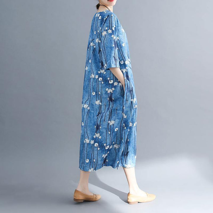 2025 floral long cotton dresses plus size Batwing Sleeve long cotton dresses Elegant o neck cotton dress