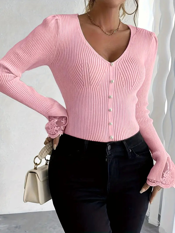Maglia a Coste con Scollo a V e Maniche in Pizzo