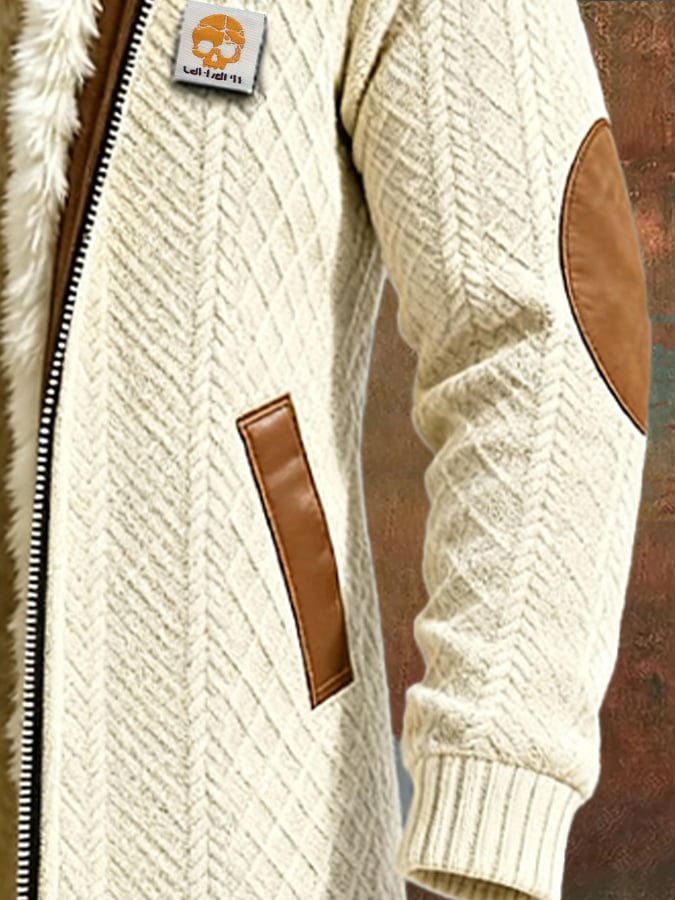 Herren-Retro-Strickmantel mit Jacquard-Patchworkmuster, Plüschfutter, warm, mittellang