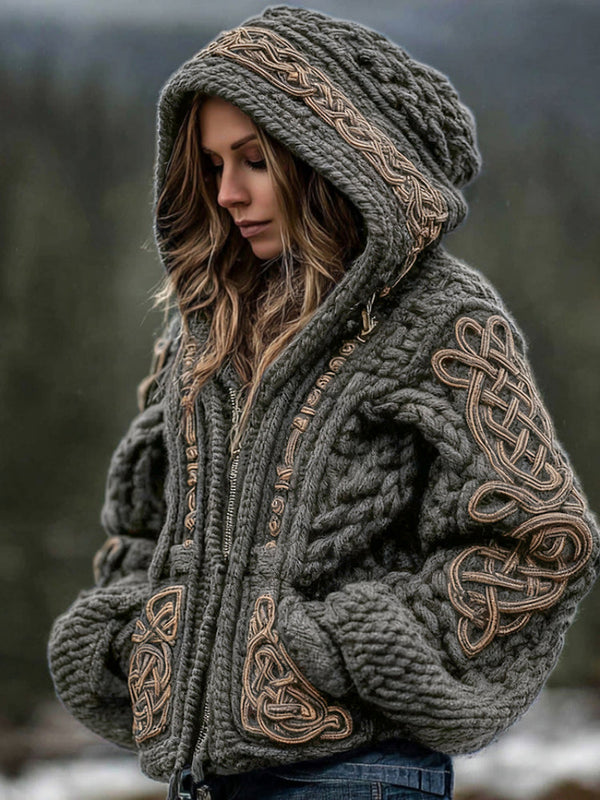 Women's Viking Celtic Knot Cozy Warm Knit Full Zip Hooded Sweater