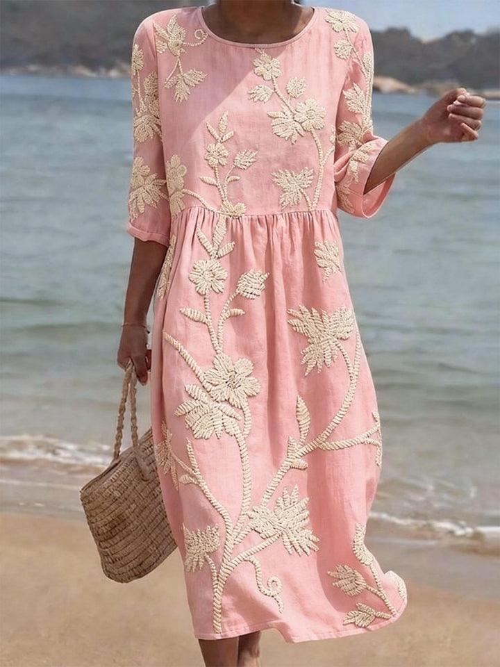 Casual Women's Cotton Linen Round Neck Half Sleeve Print Dress