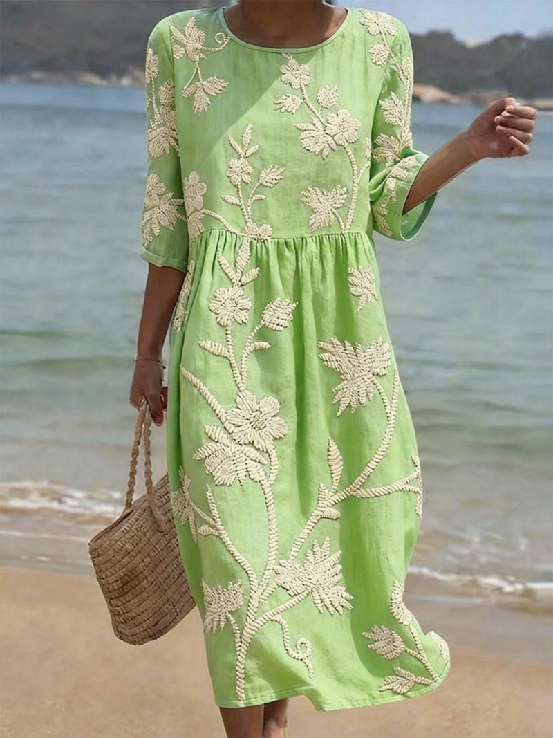 Casual Women's Cotton Linen Round Neck Half Sleeve Print Dress