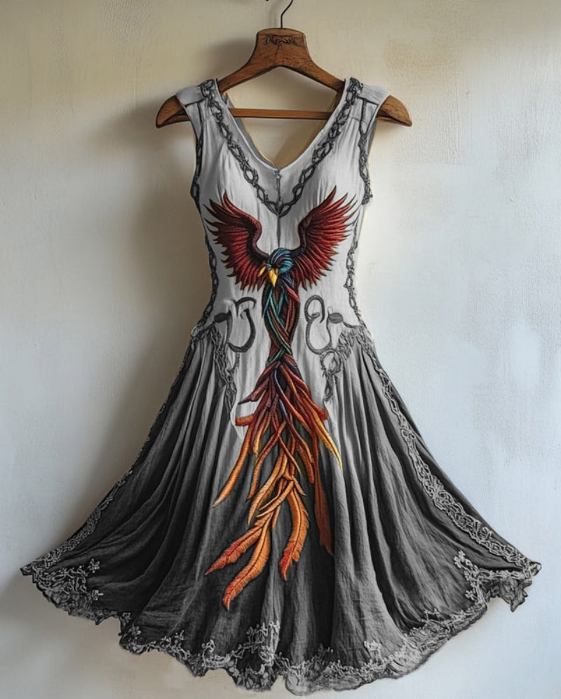 Women's Viking Celtic Knot Phoenix Totem Gradient Linen Midi Dress