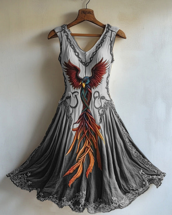 Women's Viking Celtic Knot Phoenix Totem Gradient Linen Midi Dress