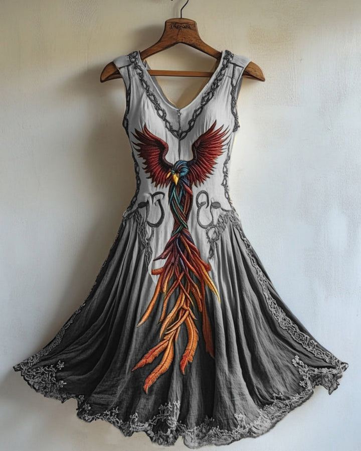 Women's Viking Celtic Knot Phoenix Totem Gradient Linen Midi Dress