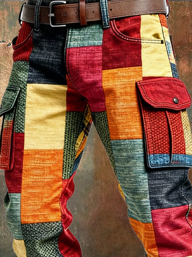 Retro cargo trousers for men with color-block design, used look and pockets (Due to different display and lighting effects, the actual color of the item may differ slightly from the color shown in the picture.)