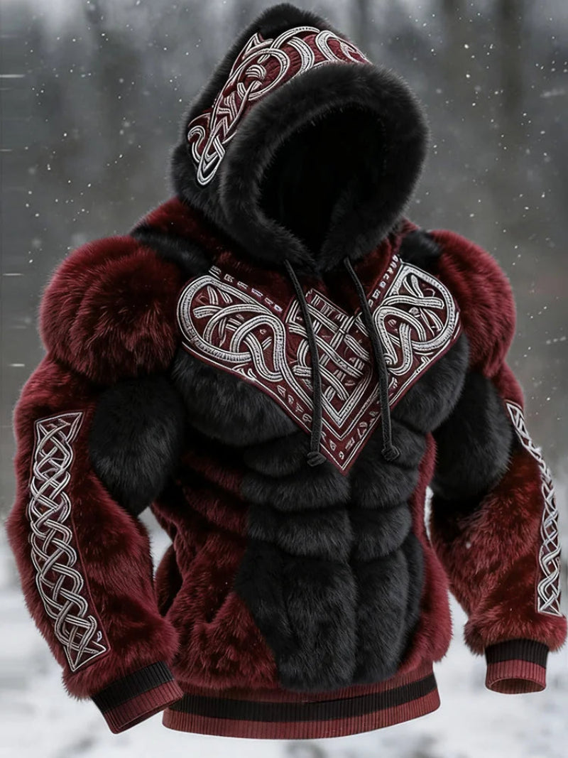 Men's Vintage Viking Tribal Jacquard Celtic Muscle Line Inspired Art Plush Warm Hoodie