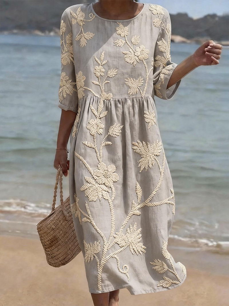 Casual Women's Cotton Linen Round Neck Half Sleeve Print Dress