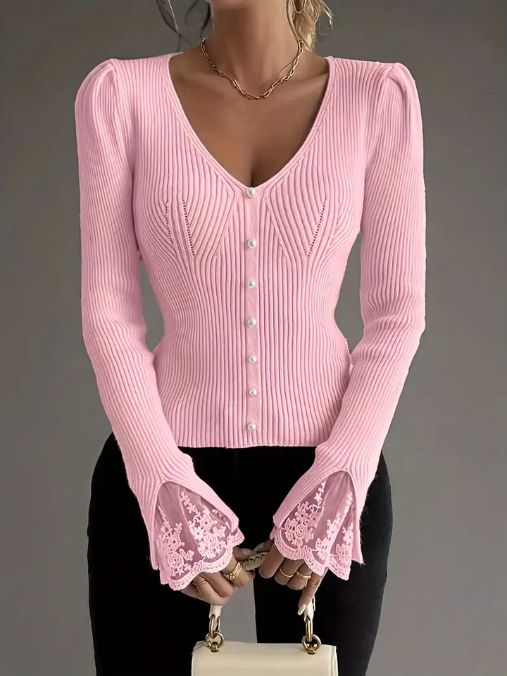 Maglia a Coste con Scollo a V e Maniche in Pizzo