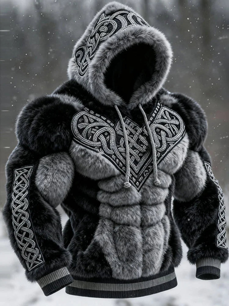Men's Vintage Viking Tribal Jacquard Celtic Muscle Line Inspired Art Plush Warm Hoodie
