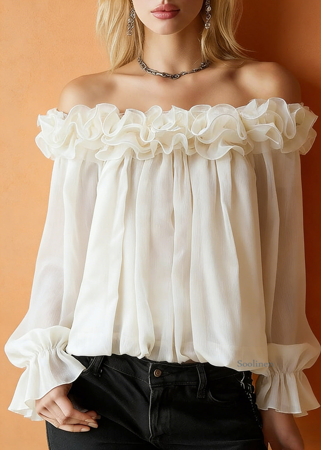 Apricot Ruffled Solid Blouses Slash Neck Spring