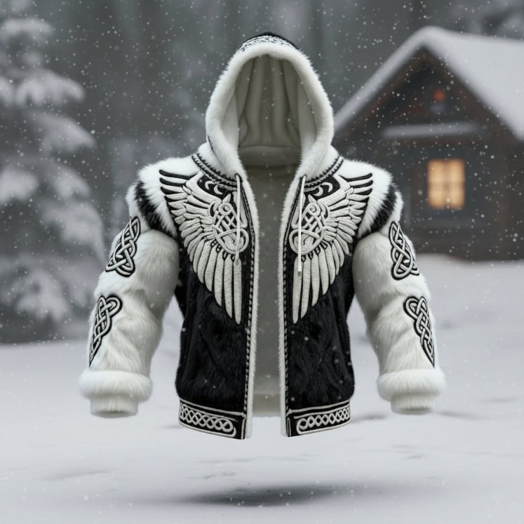 Men's Viking Tribal Jacquard Celtic With Wings Inspired Art Plush Warm Zipped Hooded Jacket