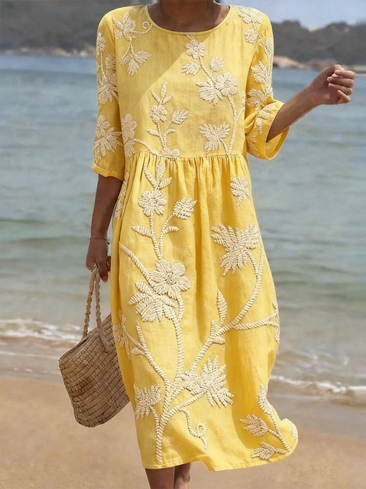 Casual Women's Cotton Linen Round Neck Half Sleeve Print Dress
