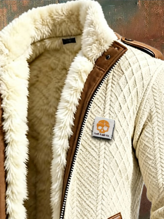 Herren-Retro-Strickmantel mit Jacquard-Patchworkmuster, Plüschfutter, warm, mittellang