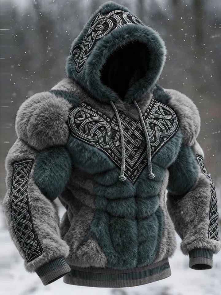 Men's Vintage Viking Tribal Jacquard Celtic Muscle Line Inspired Art Plush Warm Hoodie