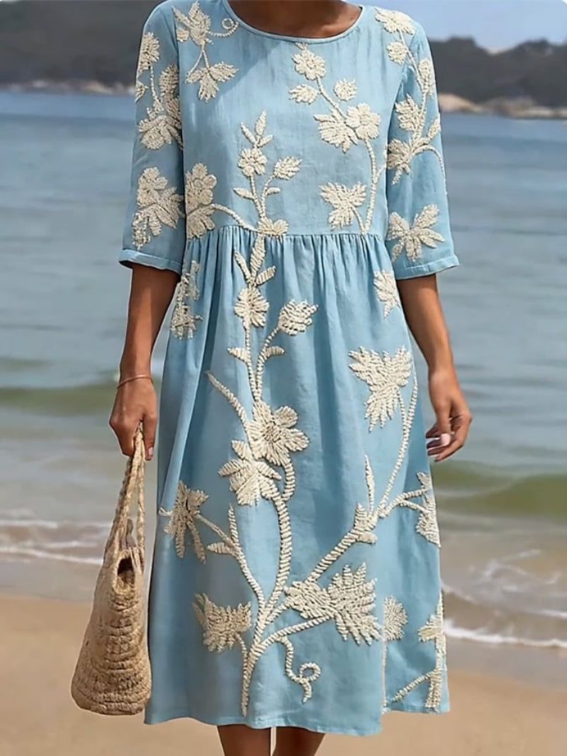 Casual Women's Cotton Linen Round Neck Half Sleeve Print Dress