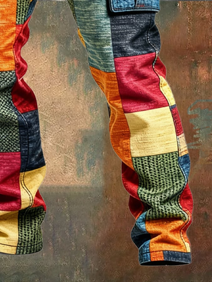 Retro cargo trousers for men with color-block design, used look and pockets (Due to different display and lighting effects, the actual color of the item may differ slightly from the color shown in the picture.)