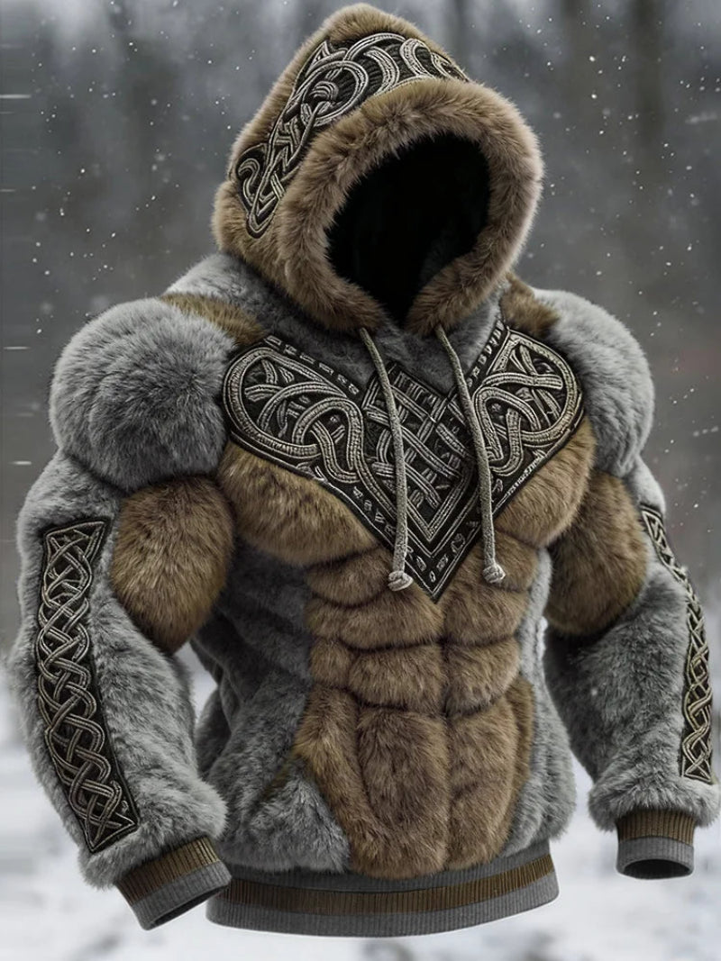 Men's Vintage Viking Tribal Jacquard Celtic Muscle Line Inspired Art Plush Warm Hoodie