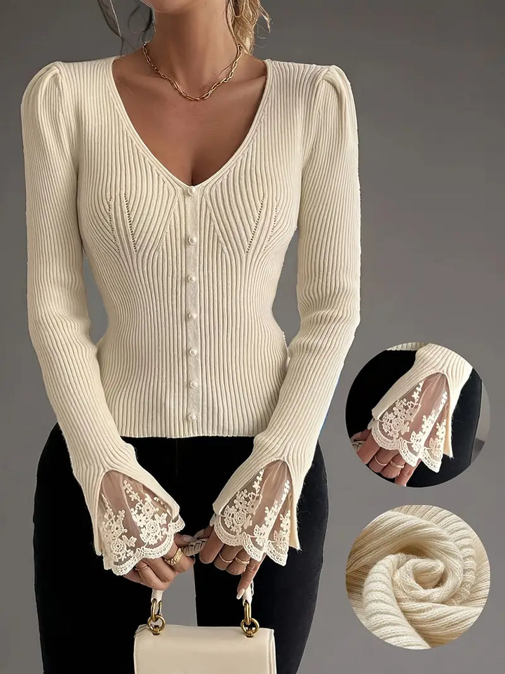 Maglia a Coste con Scollo a V e Maniche in Pizzo