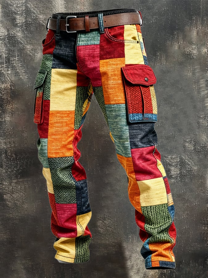 Retro cargo trousers for men with color-block design, used look and pockets (Due to different display and lighting effects, the actual color of the item may differ slightly from the color shown in the picture.)