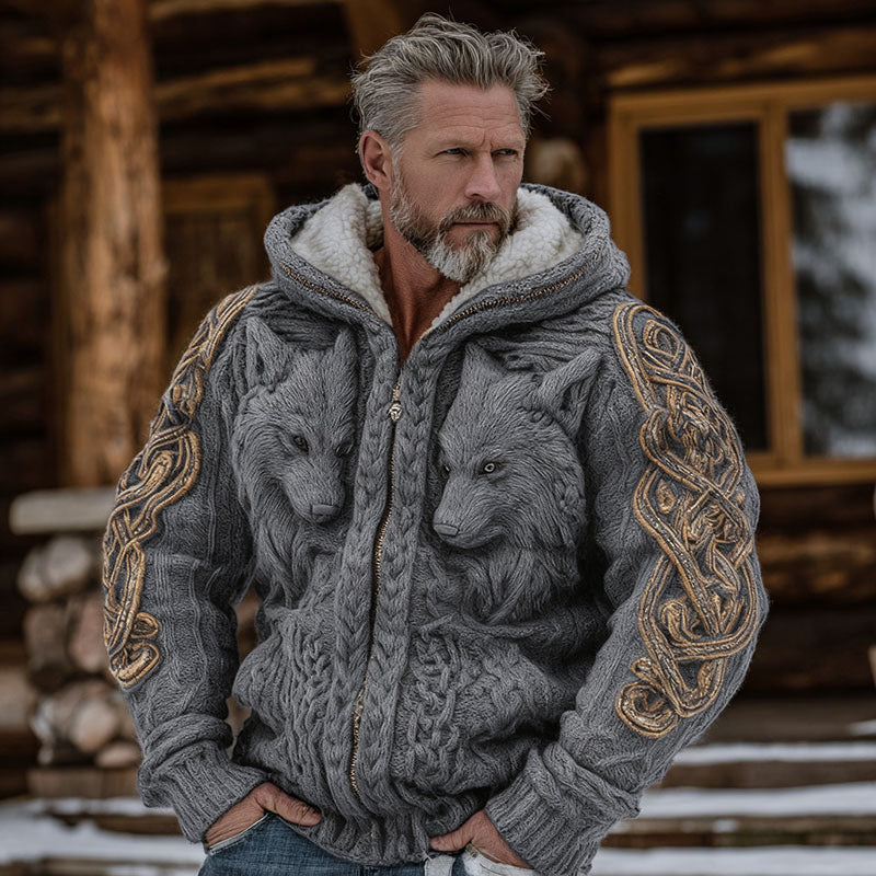 Men's Viking Celtic Knot Wolf Art Cozy Knit Hooded Sweater Jacket