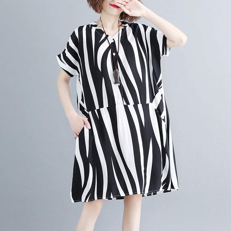 fashion striped cotton linen dresses plus size short sleeve gown 2018 v neck cotton linen dress