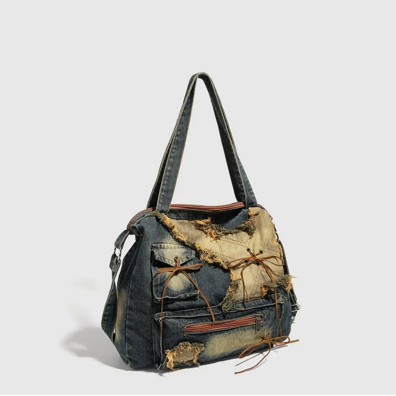 WASHED VINTAGE DENIM SHOULDER BAG